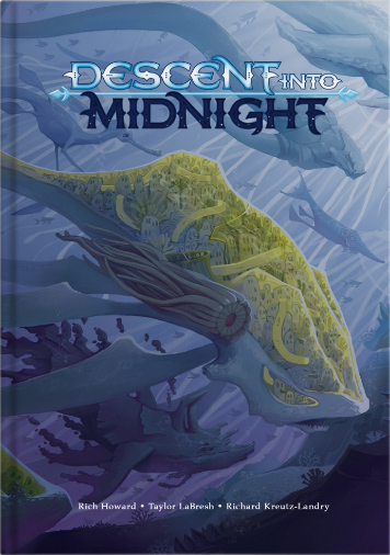 Mock-up of book with purple seascape and strange aquatic creatures.
